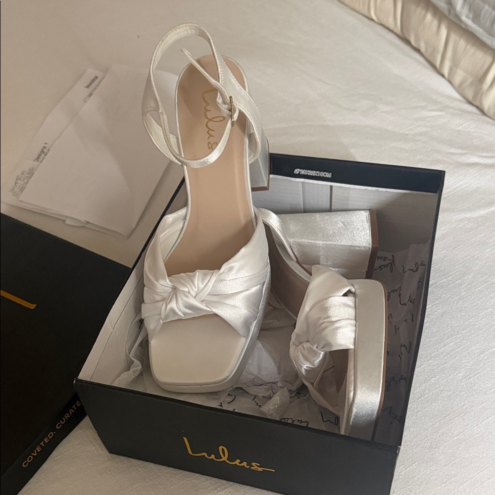Lulu's Ivory Satin Knotted Block Heel Sandals